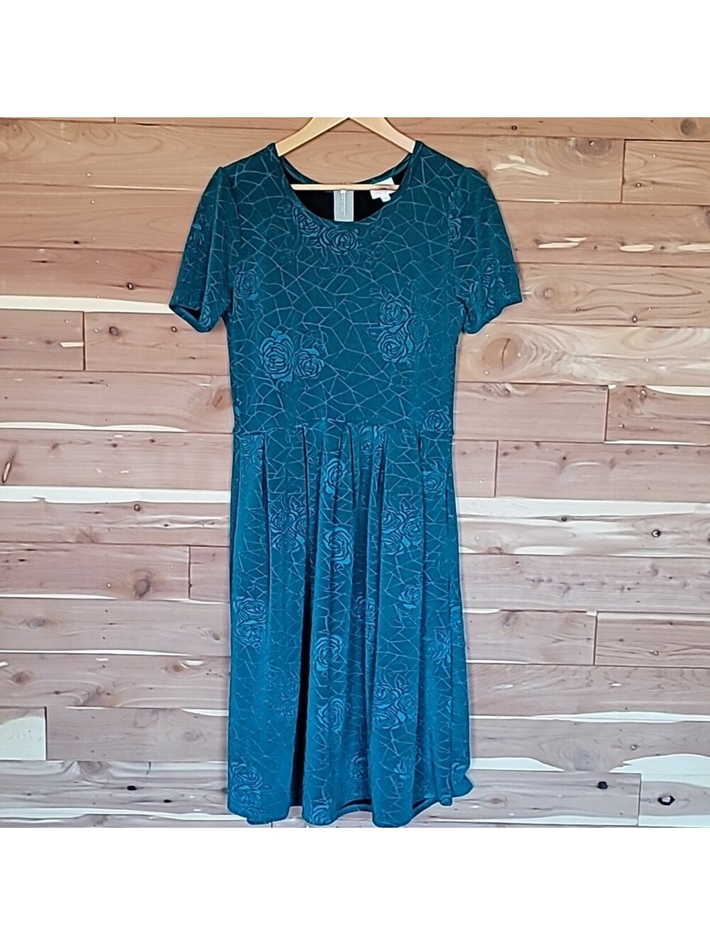 LuLaRoe Amelia Dress, Size L, Teal, Turquoise, Green, Geometric Roses - Picture 2 of 8